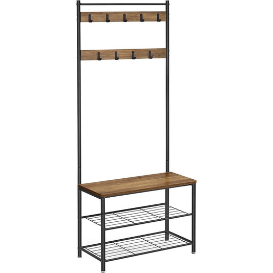 VASAGLE Coat Stand with Shoe Racks Walnut Brown/Black - Cosy Abode
