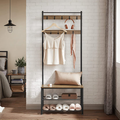 VASAGLE Coat Stand with Shoe Racks Walnut Brown/Black - Cosy Abode