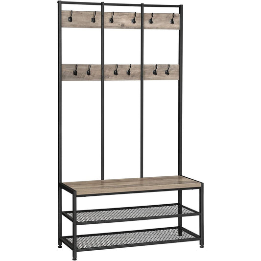VASAGLE Large Coat Rack Stand with 12 Hooks and Shoe Bench Greige and Black - Cosy Abode