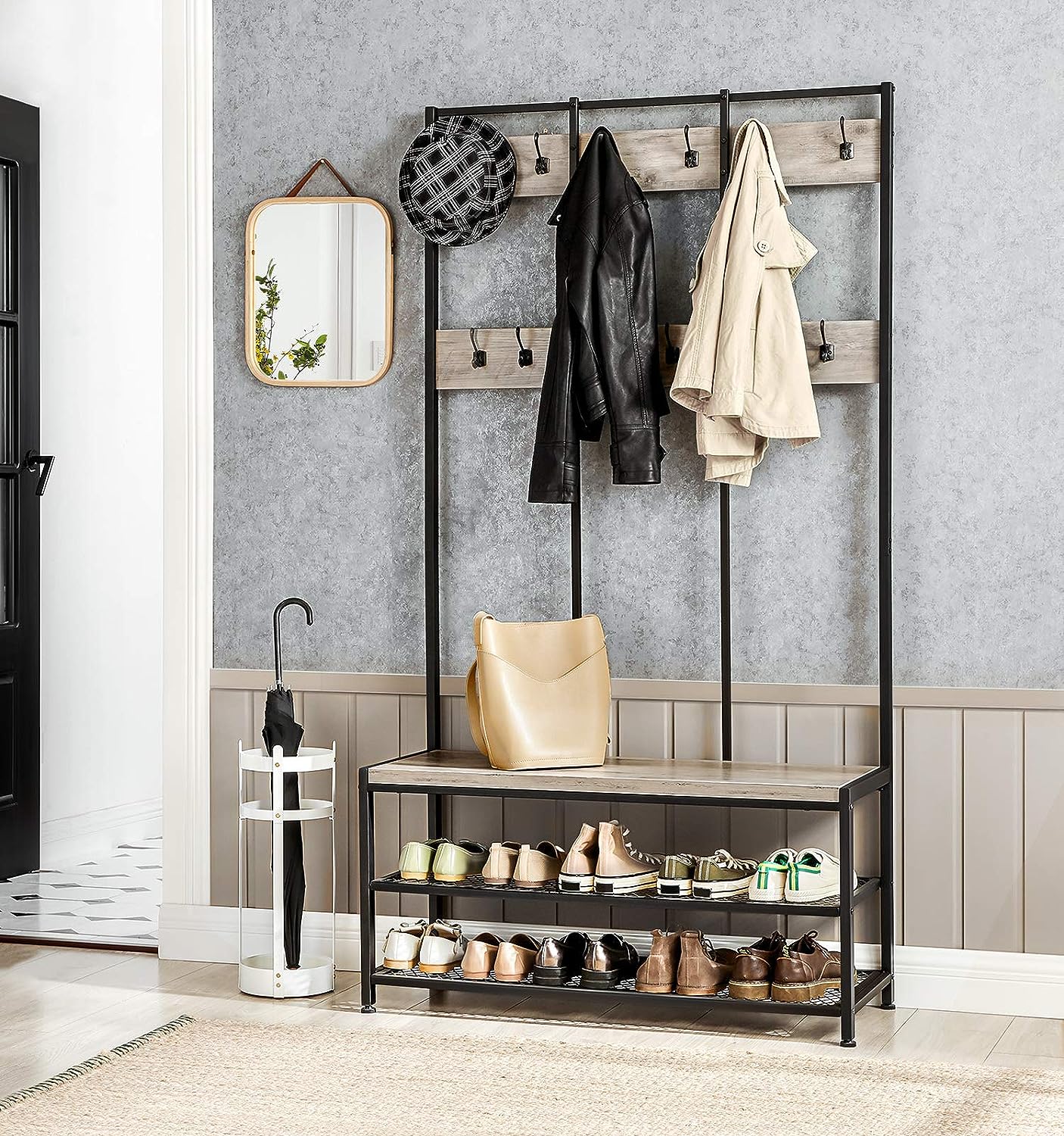 VASAGLE Large Coat Rack Stand with 12 Hooks and Shoe Bench Greige and Black - Cosy Abode