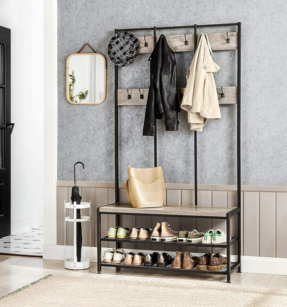 VASAGLE Large Coat Rack Stand with 12 Hooks and Shoe Bench Greige and Black - Cosy Abode