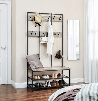 VASAGLE Large Coat Rack Stand with 12 Hooks and Shoe Bench Greige and Black - Cosy Abode