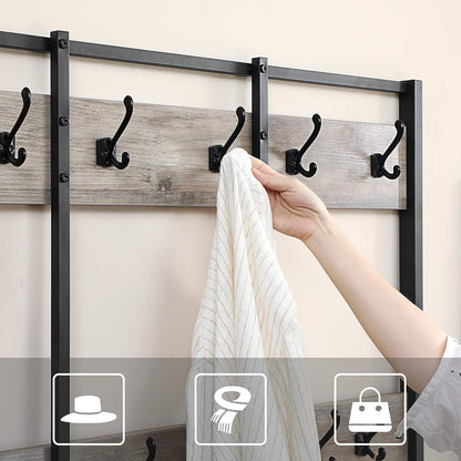 VASAGLE Large Coat Rack Stand with 12 Hooks and Shoe Bench Greige and Black - Cosy Abode