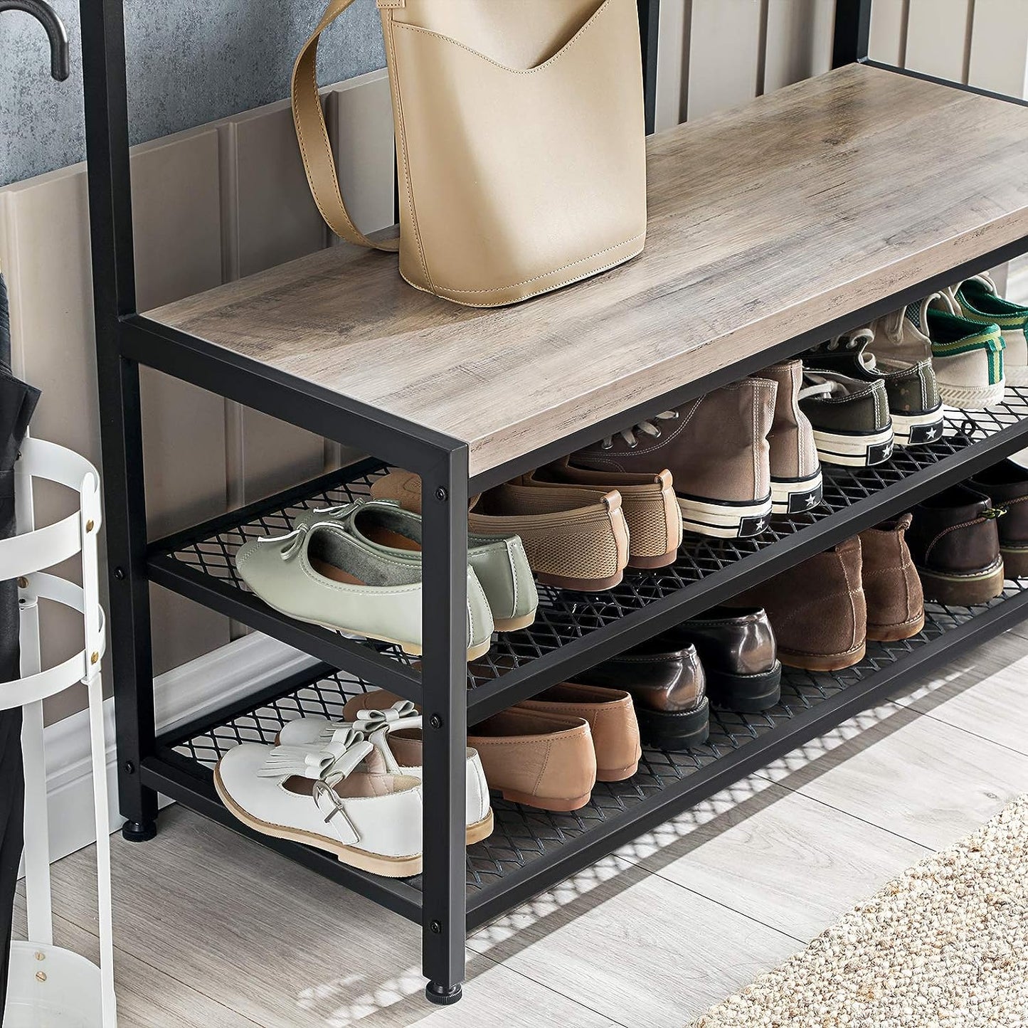 VASAGLE Large Coat Rack Stand with 12 Hooks and Shoe Bench Greige and Black - Cosy Abode