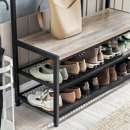 VASAGLE Large Coat Rack Stand with 12 Hooks and Shoe Bench Greige and Black - Cosy Abode
