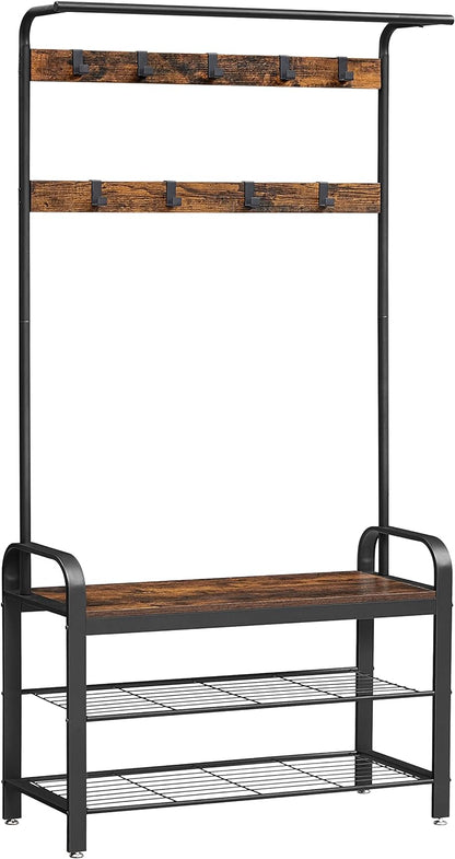 VASAGLE 4-in-1 Coat Rack with Shoe Bench and 9 Removable Hooks Rustic Brown and Black - Cosy Abode