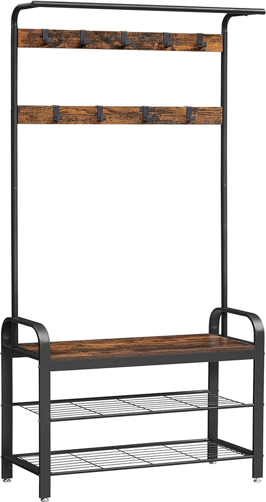 VASAGLE 4-in-1 Coat Rack with Shoe Bench and 9 Removable Hooks Rustic Brown and Black - Cosy Abode