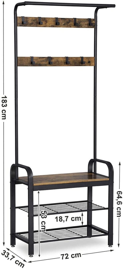 VASAGLE Coat Rack Stand Height 183 cm Rustic Brown and Black - Cosy Abode