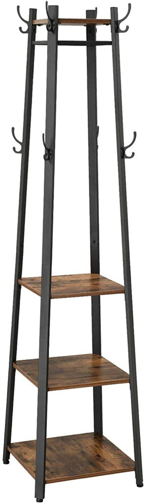 VASAGLE Coat Rack Stand with 3 Shelves Rustic Brown and Black - Cosy Abode