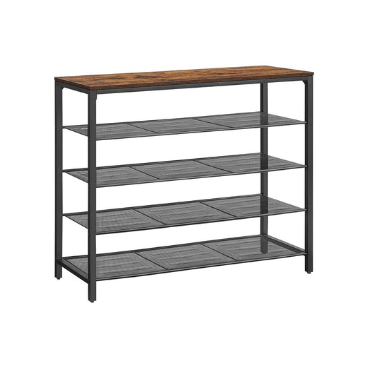 VASAGLE Shoe Rack Shoe Storage Organiser with 4 Mesh Shelves Rustic Brown and Black - Cosy Abode