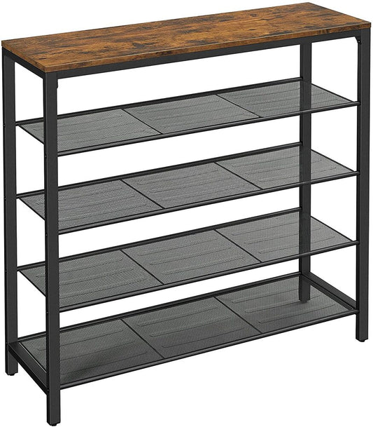 VASAGLE Shoe Rack Shoe Storage Organiser with 4 Mesh Shelves Rustic Brown and Black - Cosy Abode