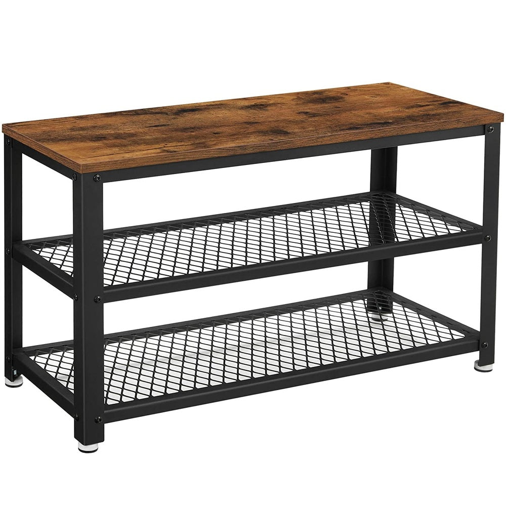 VASAGLE Shoe Bench with Seat Shoe Rack with 2 Mesh Shelves Rustic Brown and Black - Cosy Abode