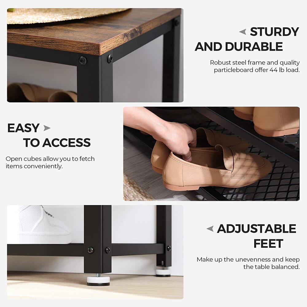 VASAGLE Shoe Bench with Seat Shoe Rack with 2 Mesh Shelves Rustic Brown and Black - Cosy Abode
