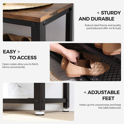VASAGLE Shoe Bench with Seat Shoe Rack with 2 Mesh Shelves Rustic Brown and Black - Cosy Abode