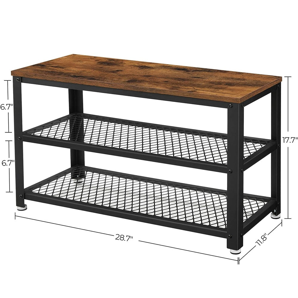 VASAGLE Shoe Bench with Seat Shoe Rack with 2 Mesh Shelves Rustic Brown and Black - Cosy Abode