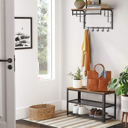 VASAGLE Shoe Bench with Seat Shoe Rack with 2 Mesh Shelves Rustic Brown and Black - Cosy Abode