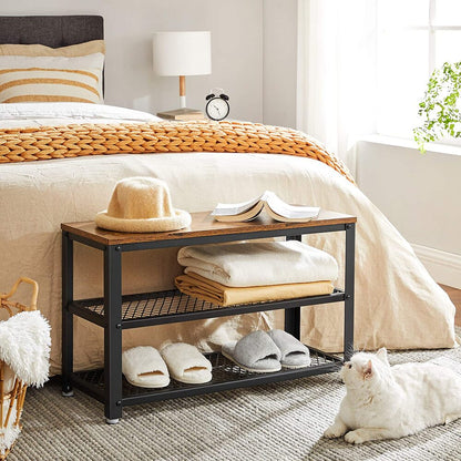 VASAGLE Shoe Bench with Seat Shoe Rack with 2 Mesh Shelves Rustic Brown and Black - Cosy Abode