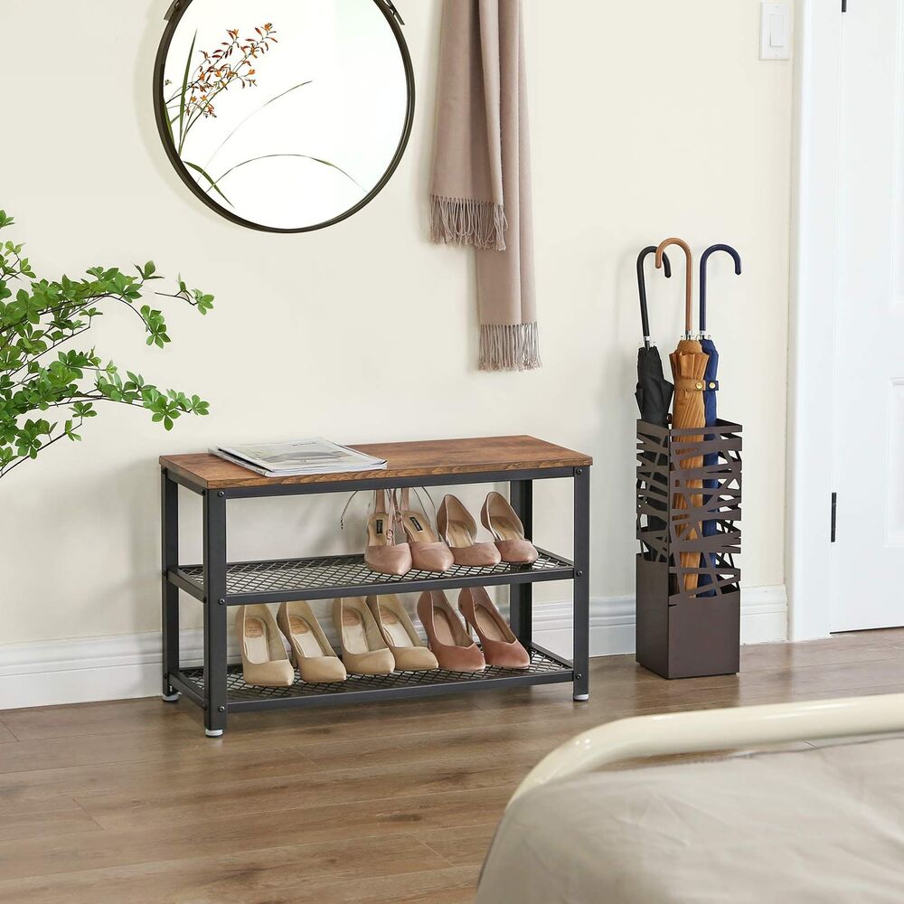 VASAGLE Shoe Bench with Seat Shoe Rack with 2 Mesh Shelves Rustic Brown and Black - Cosy Abode