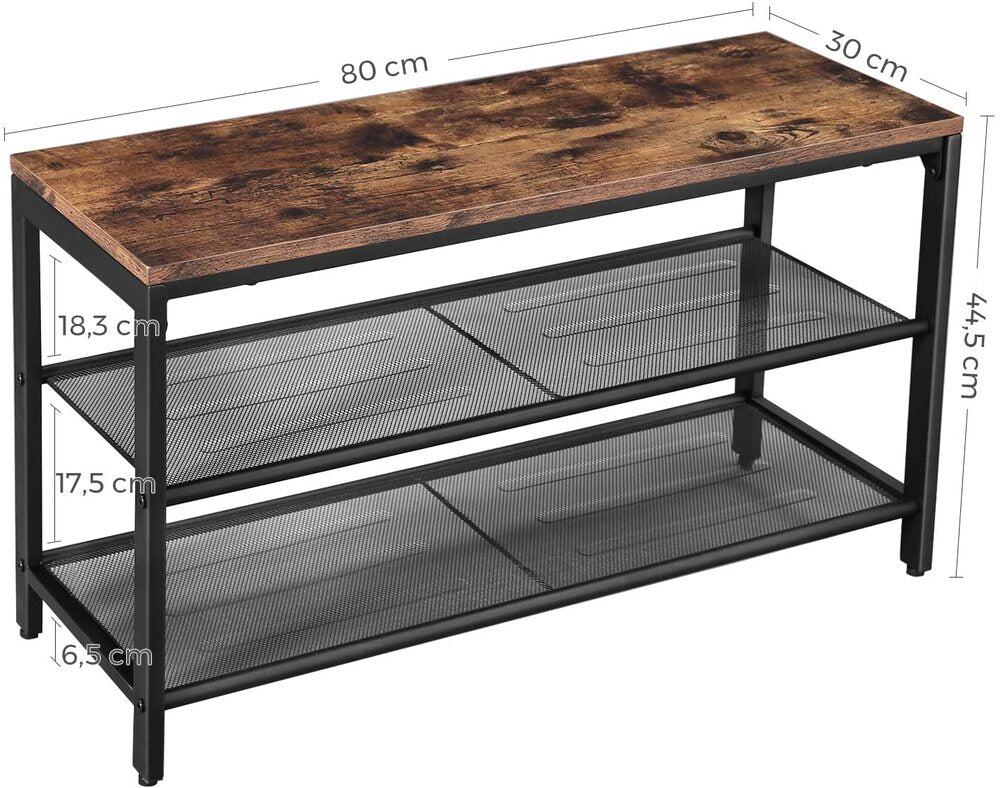 VASAGLE Shoe Bench with Seat Shoe Rack with 2 Mesh Shelves Rustic Brown and Black - Cosy Abode