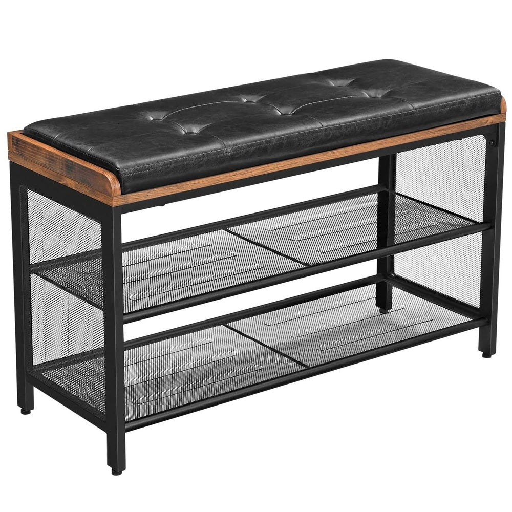 VASAGLE Shoe Bench Padded Bench with Mesh Shelf Shoe Rack Brown Black - Cosy Abode