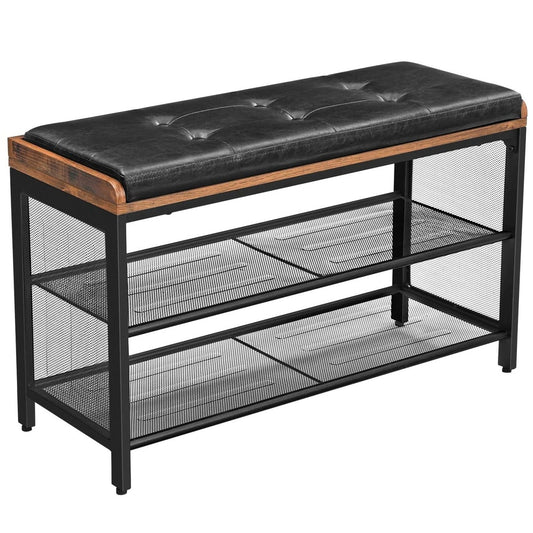VASAGLE Shoe Bench Padded Bench with Mesh Shelf Shoe Rack Brown Black - Cosy Abode