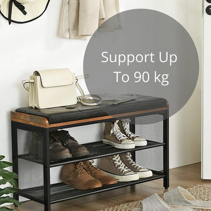 VASAGLE Shoe Bench Padded Bench with Mesh Shelf Shoe Rack Brown Black - Cosy Abode