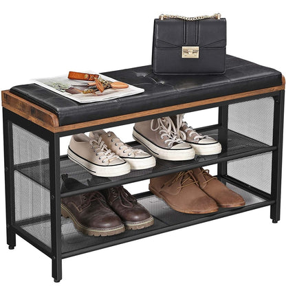 VASAGLE Shoe Bench Padded Bench with Mesh Shelf Shoe Rack Brown Black - Cosy Abode