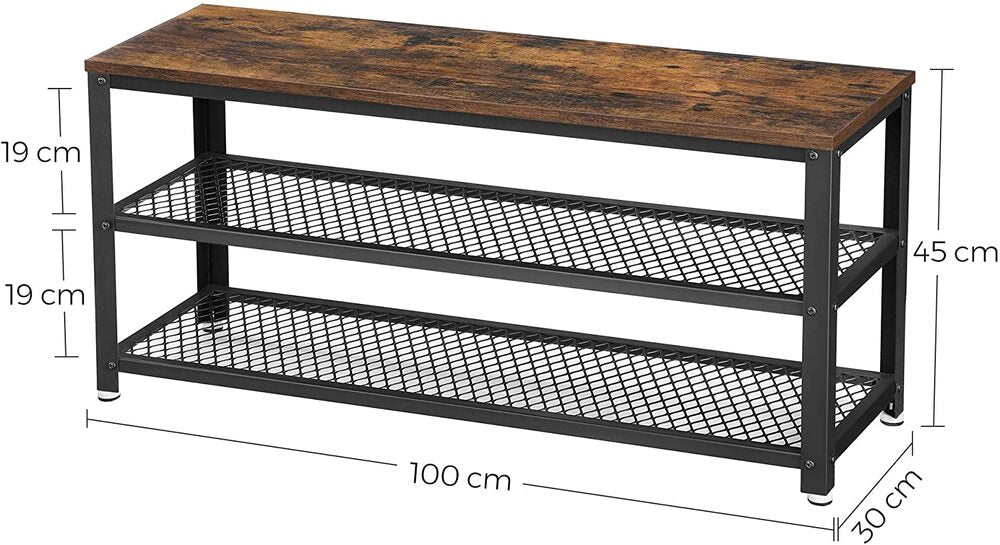 VASAGLE Shoe Bench Rack with 2 Shelves Rustic Brown and Black - Cosy Abode