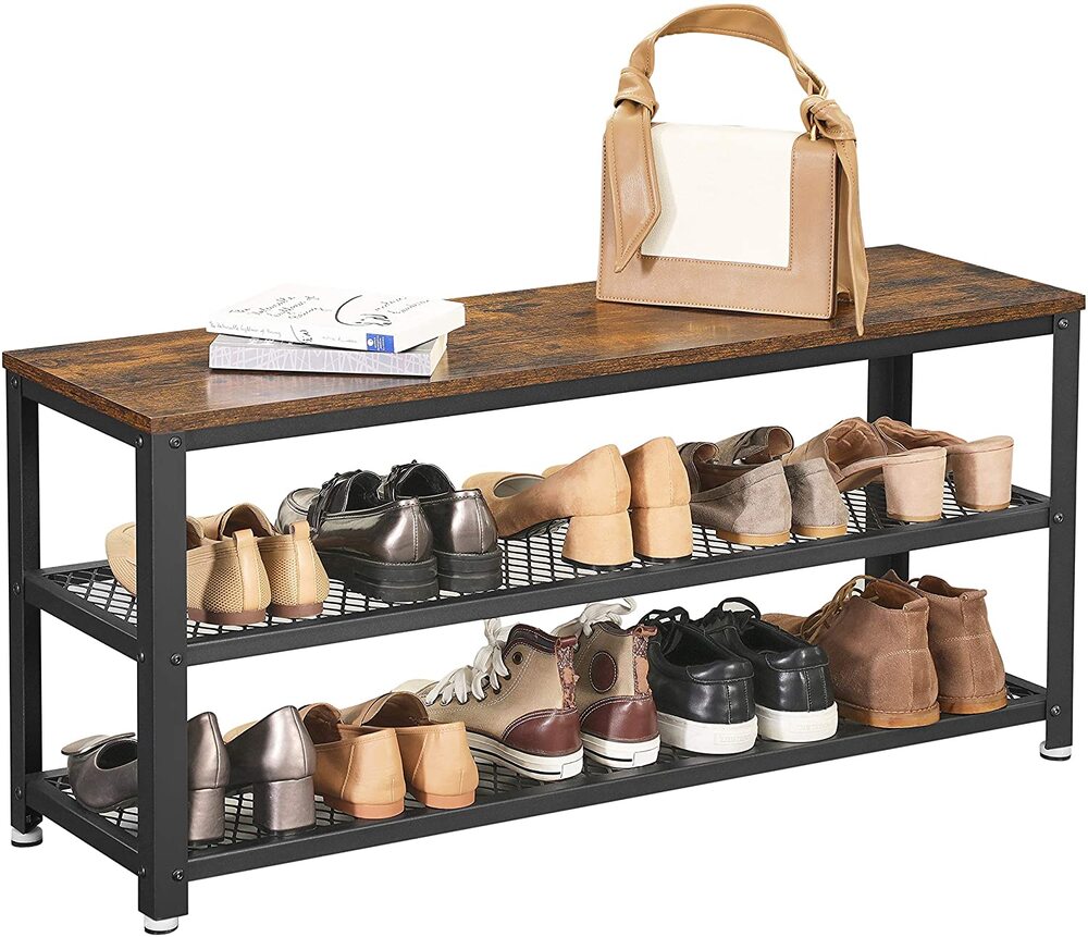 VASAGLE Shoe Bench Rack with 2 Shelves Rustic Brown and Black - Cosy Abode