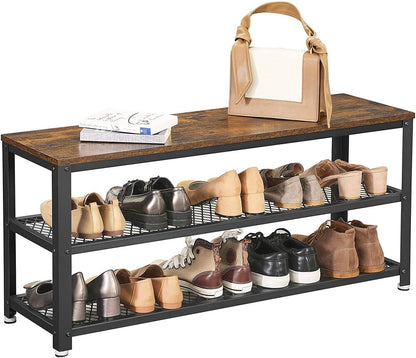 VASAGLE Shoe Bench Rack with 2 Shelves Rustic Brown and Black - Cosy Abode