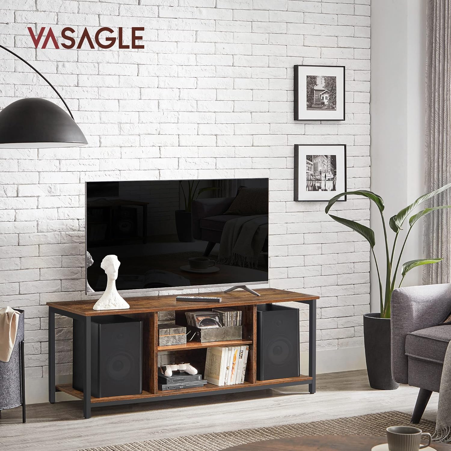 VASAGLE Lowboard TV Cabinet for TVs up to 60 Inches with Open Compartments Vintage Brown/Black - Cosy Abode