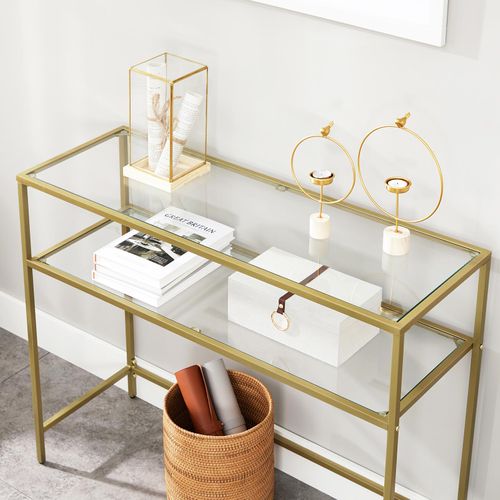 VASAGLE Console Table with Tempered Glass Gold Colour - Cosy Abode
