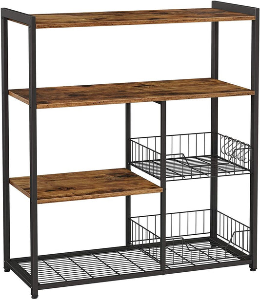 VASAGLE Baker's Rack Kitchen Island with 2 Metal Mesh Baskets Shelves and Hooks Industrial Style Rustic Brown - Cosy Abode