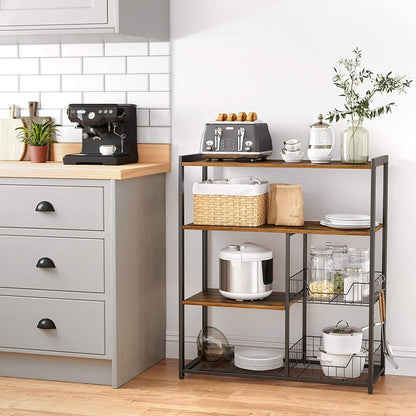 VASAGLE Baker's Rack Kitchen Island with 2 Metal Mesh Baskets Shelves and Hooks Industrial Style Rustic Brown - Cosy Abode