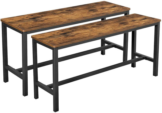 VASAGLE Table Benches Set of 2 Industrial Style Indoor Benches Durable Metal Frame for Kitchen Dining Room Living Room Rustic Brown - Cosy Abode