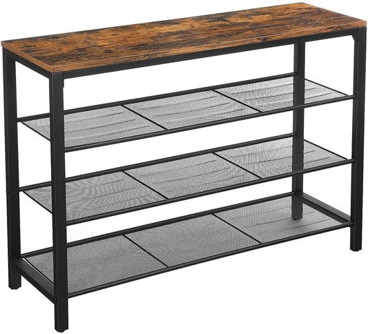 VASAGLE Shoe Rack Shoe Organiser with 3 Mesh Shelves for Hallway Living Room Bedroom Simple Structure Stable Industrial Style Rustic Brown and Black - Cosy Abode