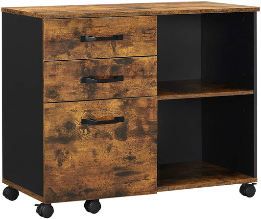 VASAGLE File Cabinet with 3 Drawer Mobile Lateral Filing Cabinet with Open Compartments Rustic Brown and Black - Cosy Abode