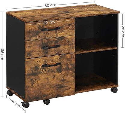 VASAGLE File Cabinet with 3 Drawer Mobile Lateral Filing Cabinet with Open Compartments Rustic Brown and Black - Cosy Abode