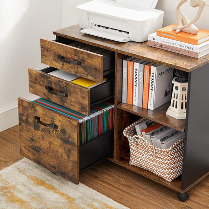 VASAGLE File Cabinet with 3 Drawer Mobile Lateral Filing Cabinet with Open Compartments Rustic Brown and Black - Cosy Abode