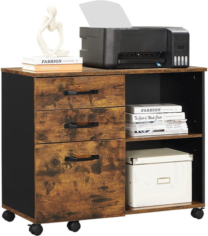 VASAGLE File Cabinet with 3 Drawer Mobile Lateral Filing Cabinet with Open Compartments Rustic Brown and Black - Cosy Abode