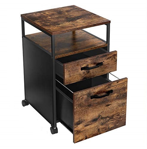VASAGLE File Cabinet with 2 Drawers Rolling Office Filing Cabinet with Wheels and Open Compartment Rustic Brown and Black - Cosy Abode