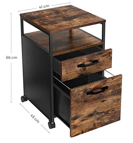 VASAGLE File Cabinet with 2 Drawers Rolling Office Filing Cabinet with Wheels and Open Compartment Rustic Brown and Black - Cosy Abode