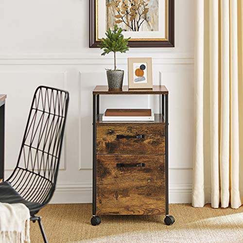 VASAGLE File Cabinet with 2 Drawers Rolling Office Filing Cabinet with Wheels and Open Compartment Rustic Brown and Black - Cosy Abode