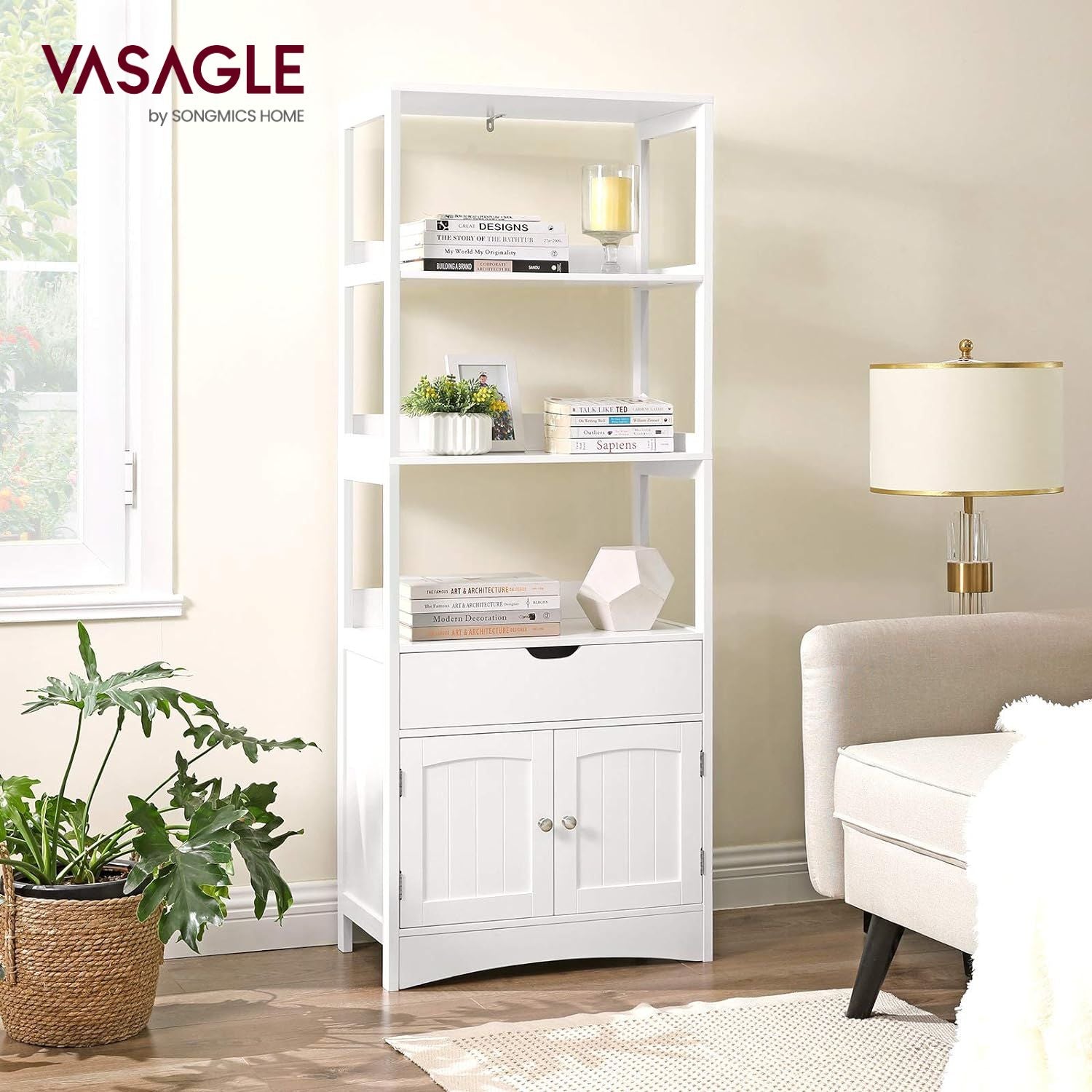 VASAGLE Floor Cabinet with Drawer 3 Open Shelves and Double Doors White - Cosy Abode