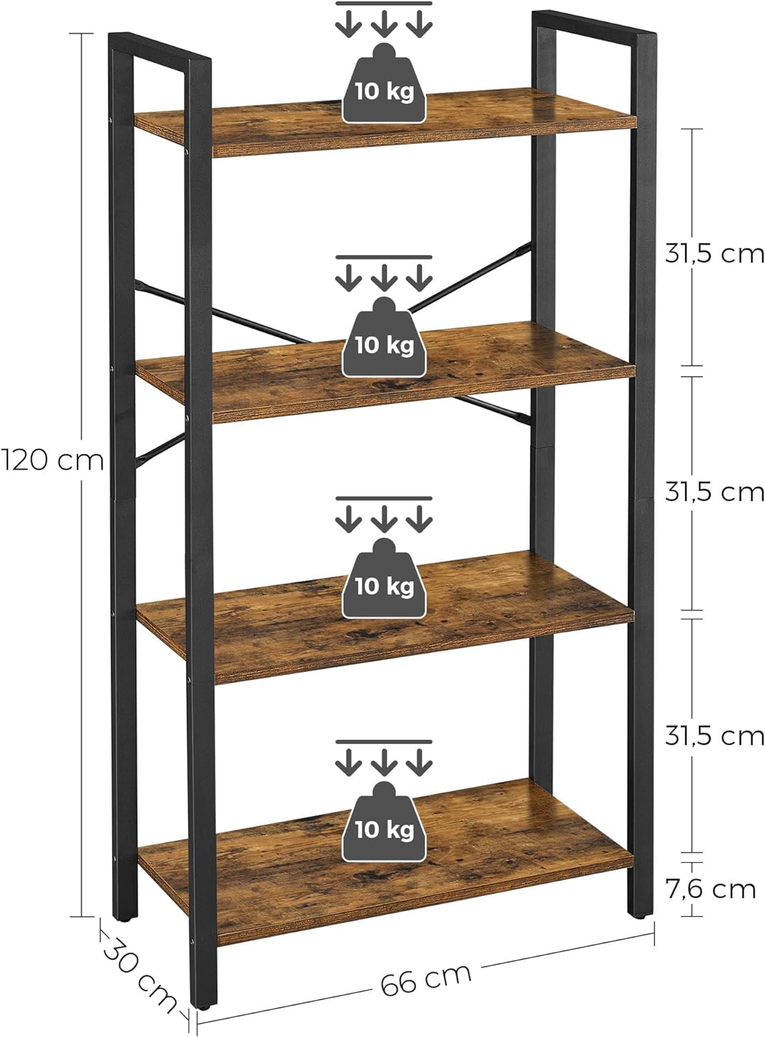 VASAGLE 4-Tier Bookshelf Storage Rack with Steel Frame for Living Room Office Study Hallway Industrial Style Rustic Brown and Black - Cosy Abode