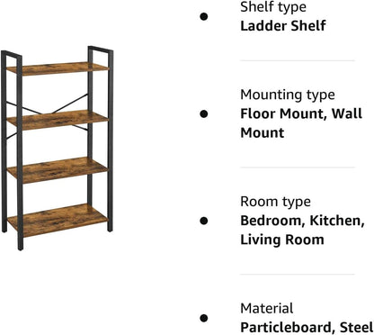 VASAGLE 4-Tier Bookshelf Storage Rack with Steel Frame for Living Room Office Study Hallway Industrial Style Rustic Brown and Black - Cosy Abode