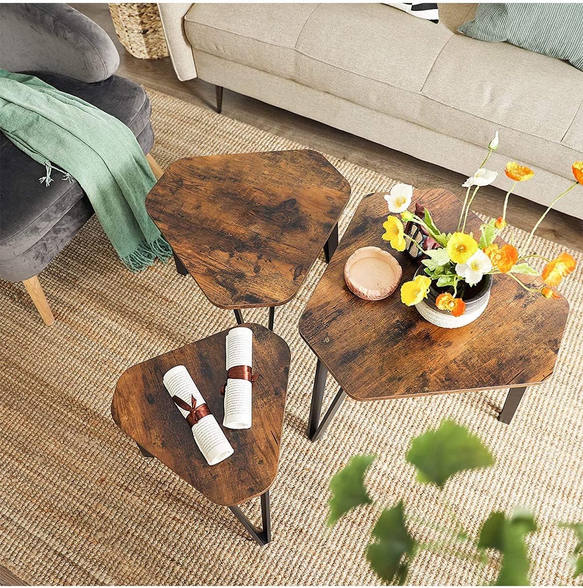 VASAGLE Nesting Coffee Table Set of 3 Rustic Brown and Black - Cosy Abode