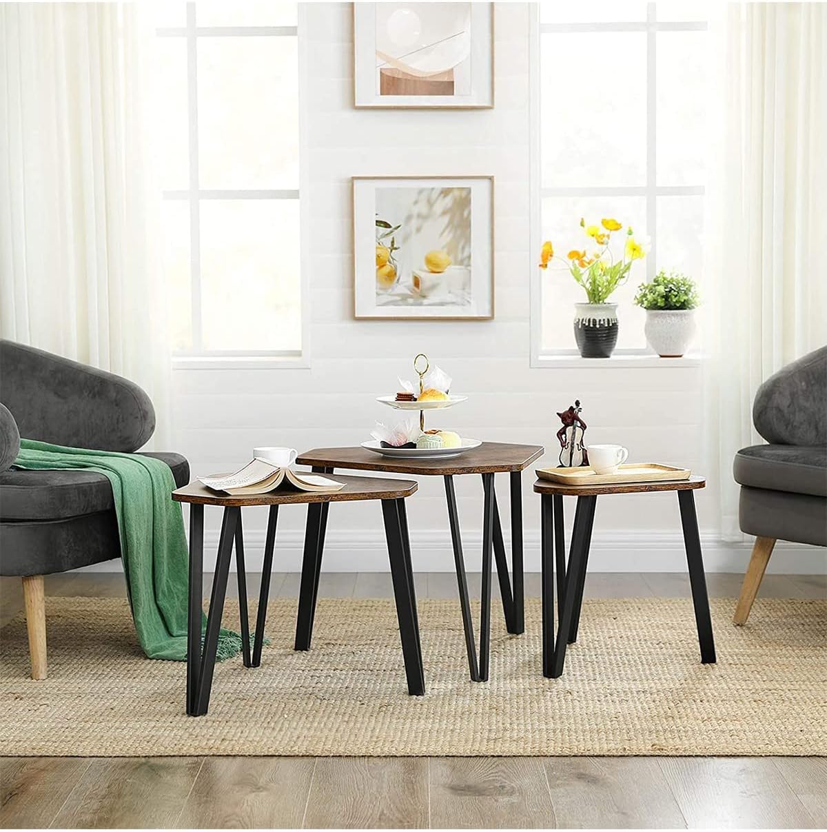 VASAGLE Nesting Coffee Table Set of 3 Rustic Brown and Black - Cosy Abode
