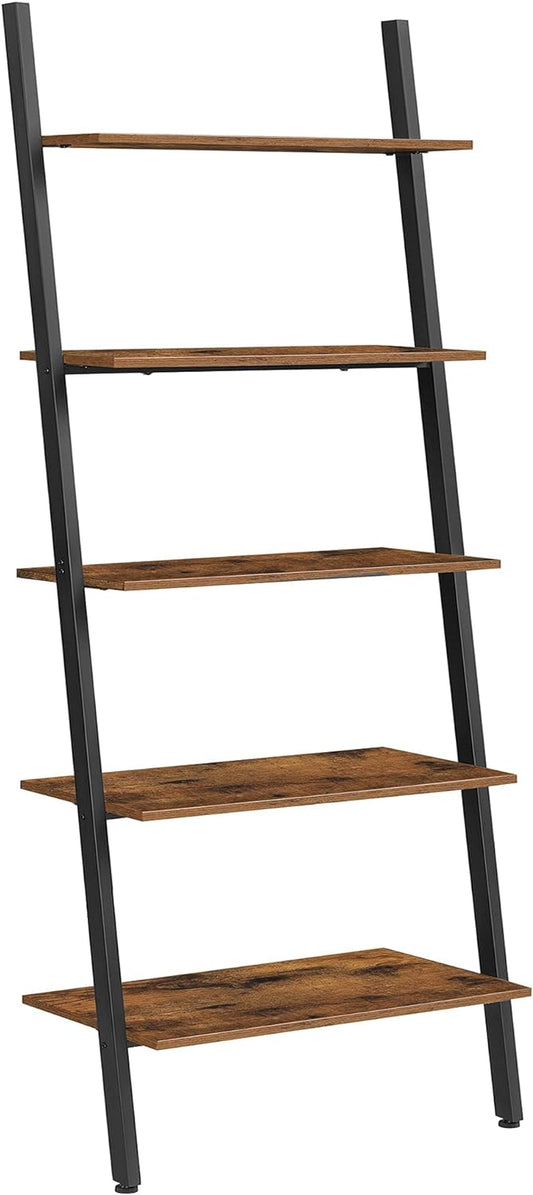 VASAGLE Industrial Ladder Shelf 5-Tier Bookshelf Rack Wall Shelf for Living Room Kitchen Office Stable Steel Leaning Against the Wall Rustic Brown and Black - Cosy Abode