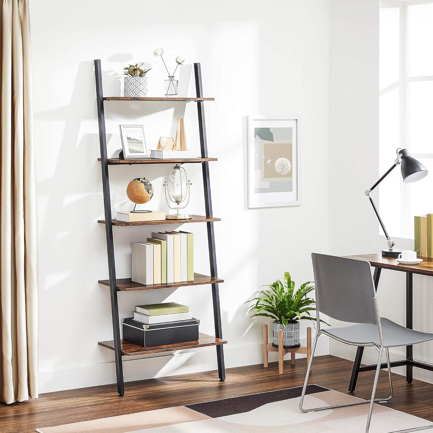 VASAGLE Industrial Ladder Shelf 5-Tier Bookshelf Rack Wall Shelf for Living Room Kitchen Office Stable Steel Leaning Against the Wall Rustic Brown and Black - Cosy Abode